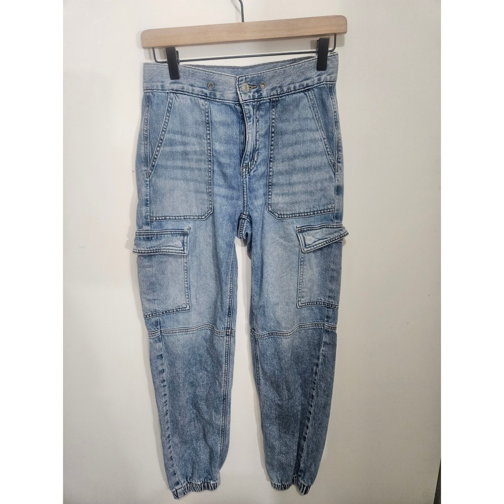 American Eagle Women Light Wash High Waisted Cargo Jogger Jeans Blue Utility